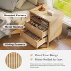 LYNCOHOME Fluted Nightstand with Charging Station, 19.7 inch Wide End Table with 2 Drawers, Modern Wood Bedside Table for Bedroom,Natural,1 Pcs