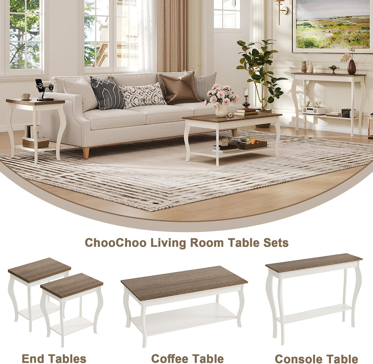 ChooChoo End Tables Living Room, Side Tables Living Room with Curved Legs and Storage Shelf, Small End Tables for Small Spaces, Soft White