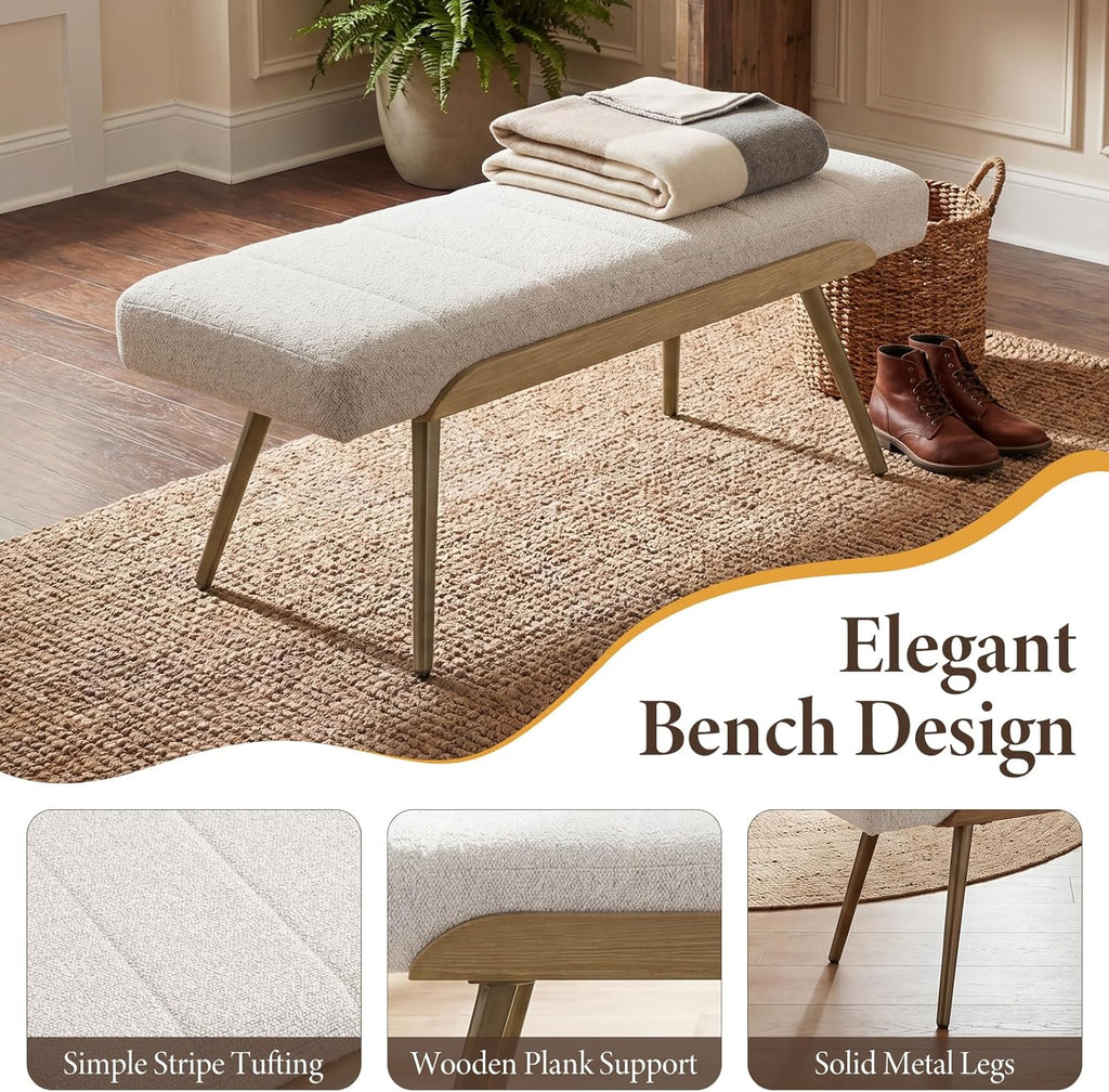 CIMOTA Mid-Century Modern Upholstered Bench, Channel Tufted Boucle Ottoman Bench with Solid Wood Trim and Bronze Metal Legs, 35.5" Accent Bench for Bedroom, Entryway, Living Room, End of Bed, Beige