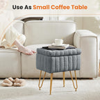 DUMOS Vanity Storage Ottoman Stool, Compact Faux Fur Footstool with Soft Seat, Modern Cute with 4 Metal Legs & Adjustable Feet for Bedroom, Living Room, Dressing Area & Dorm Grey