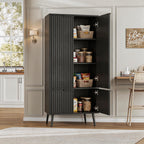 Ebony Fluted 51" Tall Wooden Kitchen Pantry Storage Cabinet Food Organize with Adjustable Shelves, Modern Accent Cabinet Sideboard Buffet for Dining Room, Entryway, Bathroom, Home Office