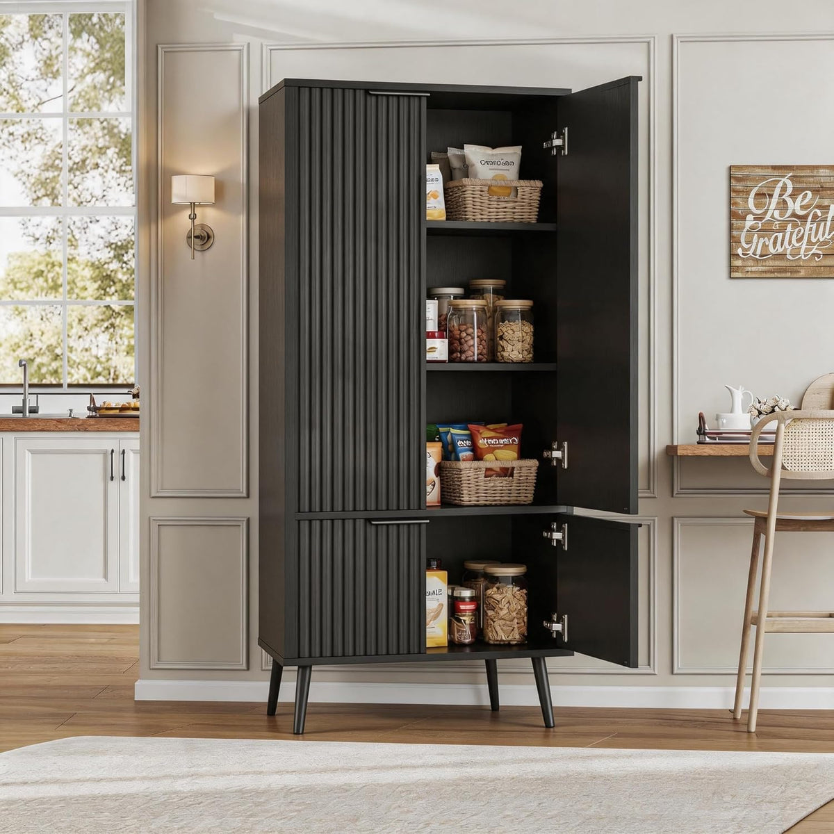 Ebony Fluted 51" Tall Wooden Kitchen Pantry Storage Cabinet Food Organize with Adjustable Shelves, Modern Accent Cabinet Sideboard Buffet for Dining Room, Entryway, Bathroom, Home Office