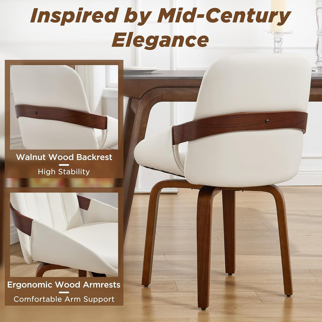 Swivel Dining Chairs, Mid Century Modern Faux Leather Dining Room Chairs with Arms, Upholstered Kitchen Vanity Accent Chair, Walnut Backrest Support & Sturdy Wood Legs (White, Set of 6)