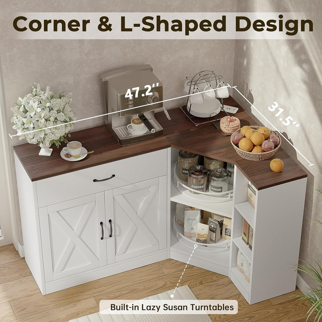 Corner Cabinet w/Charging Station, Kitchen Pantry w/Lazy Susan Turntable | Farmhouse Food Pantry Cabinet w/Drawer & Doors & Adjustable Shelf, L-Shaped Sideboard for Dining Room (White)