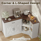 Corner Cabinet w/Charging Station, Kitchen Pantry w/Lazy Susan Turntable | Farmhouse Food Pantry Cabinet w/Drawer & Doors & Adjustable Shelf, L-Shaped Sideboard for Dining Room (White)