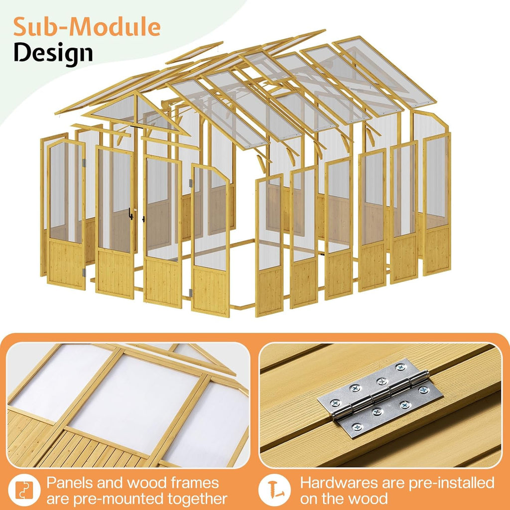 Jocisland 8x9.5x7.5 Ft Wooden Greenhouse, Pre-Assembled Solid Cedar Frame, Walk-in Design, Lockable Door, Adjustable Roof Vents, Polycarbonate Panels for Outdoor, Garden, Backyard