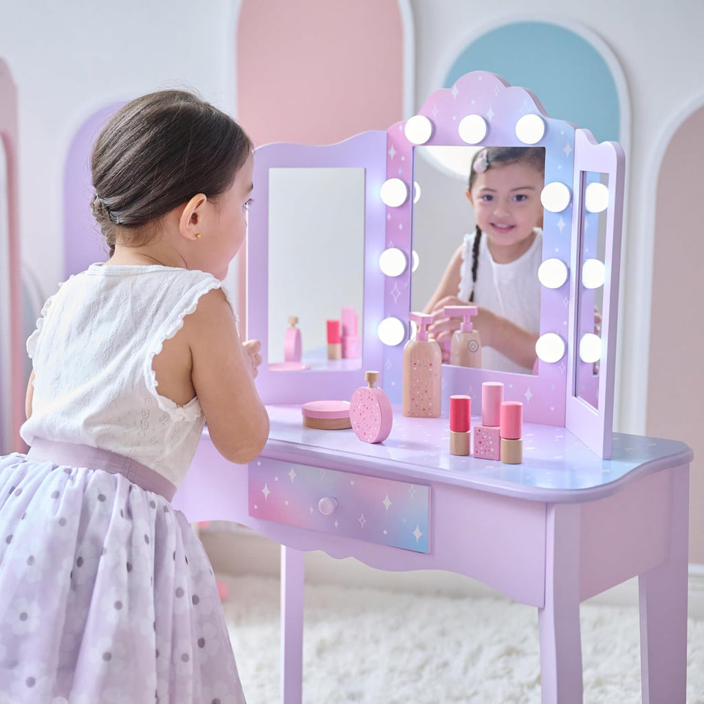 Teamson Kids Gisele Medium Vanity with Stool, Purple, Ages 3+ | Stardust Print, LED Lights & Touch Sensor Mirror, Storage Drawer, Pretend Play, Elegant Dressing Table Set