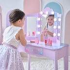 Teamson Kids Gisele Medium Vanity with Stool, Purple, Ages 3+ | Stardust Print, LED Lights & Touch Sensor Mirror, Storage Drawer, Pretend Play, Elegant Dressing Table Set