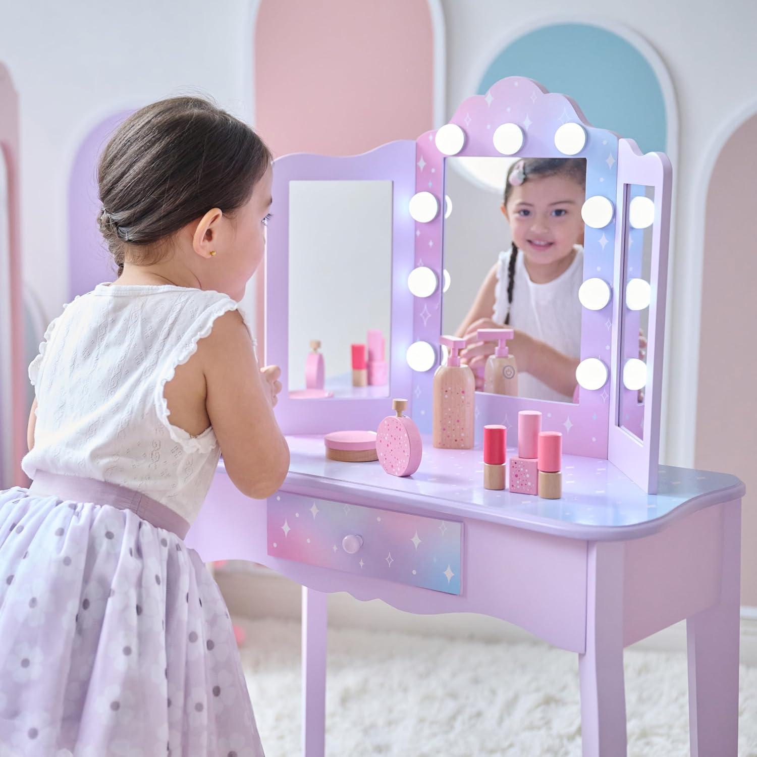 Teamson Kids Gisele Medium Vanity with Stool, Purple, Ages 3+ | Stardust Print, LED Lights & Touch Sensor Mirror, Storage Drawer, Pretend Play, Elegant Dressing Table Set