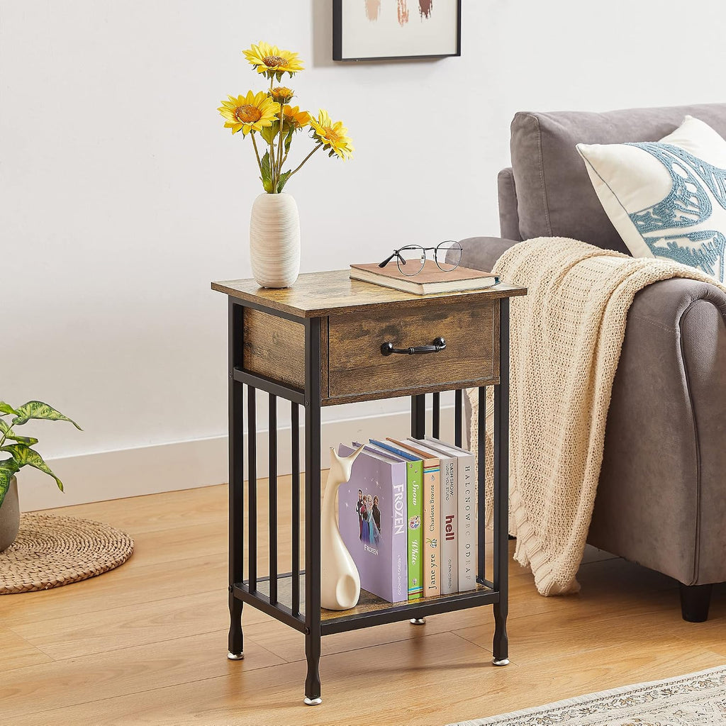 VECELO Nightstands, Industrial Side Table/End Tables with Drawer and Storage Shelf, Night Stands for Bedroom, Living Room, Wood Metal Furniture, Easy Assembly