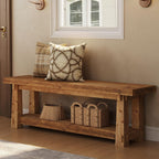 55" Solid Wood Entryway Bench with Shoe Storage, Rustic Wood Grain Shoe Rack Window Bench Seat for Foyer, Hallway, Mudroom, Bedroom, Easy Assembly (Rustic Wood)