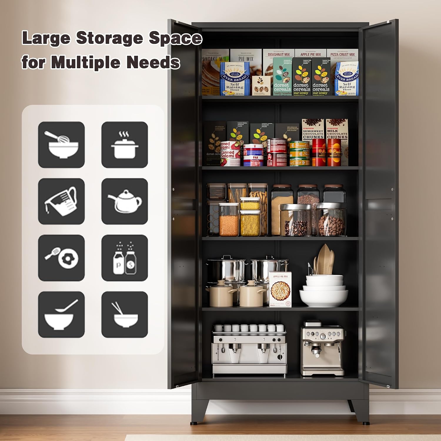 71” Tall Metal Kitchen Pantry Cabinet, Kitchen Storage Cabinets, Steel Cupboard with 2Doors and 4 Adjustable Shelves for Dining Room, Bathroom, Living Room