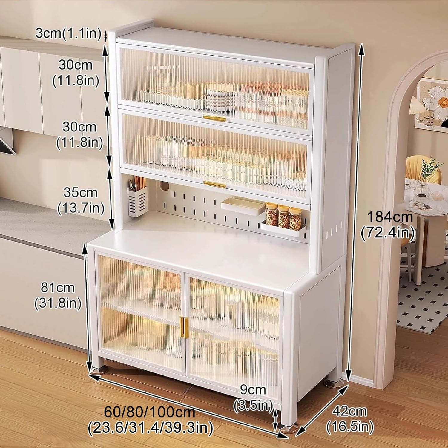 JKGHK Kitchen Pantry Cabinet Storage with Microwave Shelf, Kitchen Cabinet Storage with Acrylic Doors, Steel Buffet Cabinets with Pegboard, Coffee Bars with Adjustable Feet(Gray,31x72in)