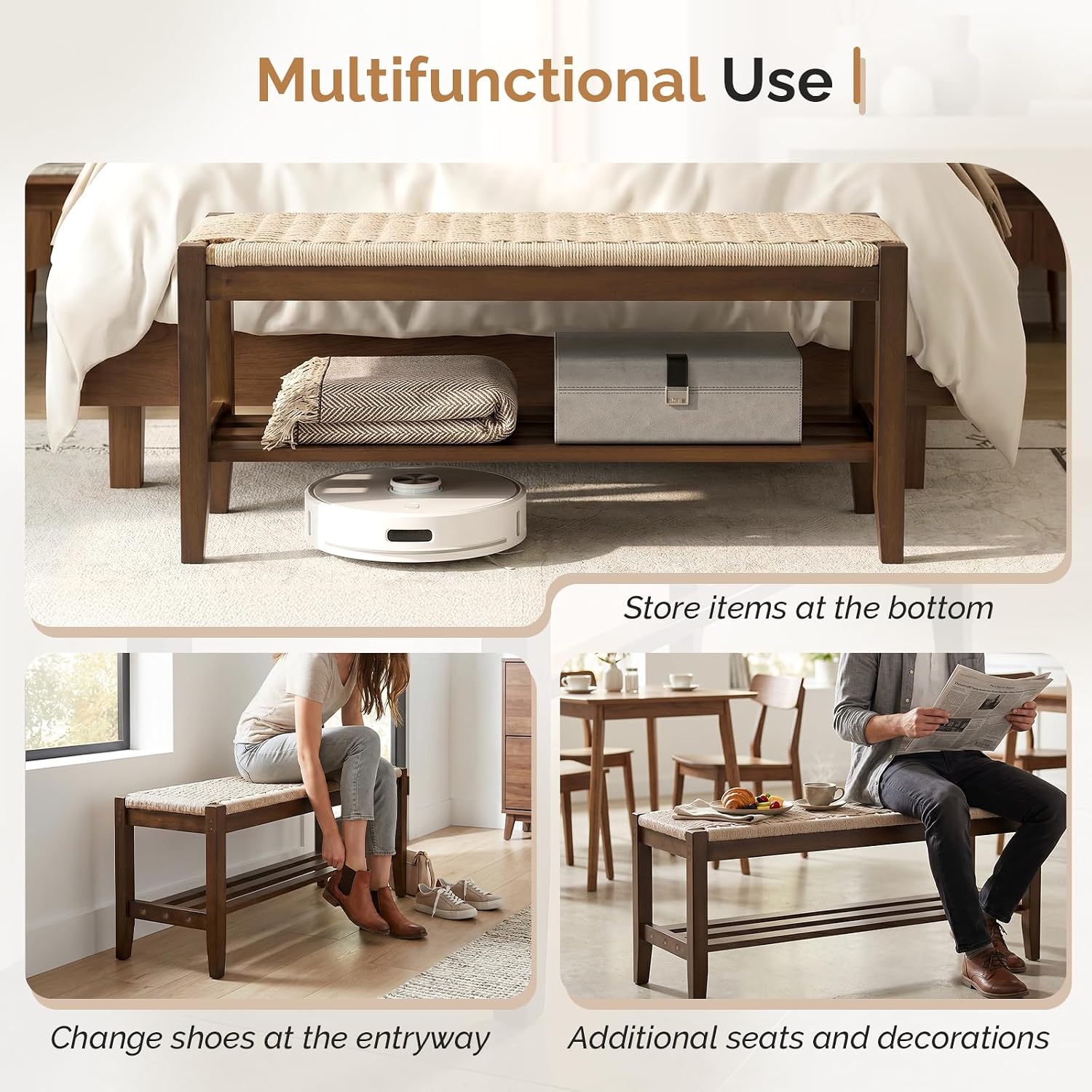 VINGLI Boho Storage Bench, Rattan Entryway Bench with Natural Woven Seat & Wood Frame, Dining Wicker Bench Indoor Bedroom Bench for End of Bed, Dining Room, Living Room and Hallway, Walnut, 39.8 Inch