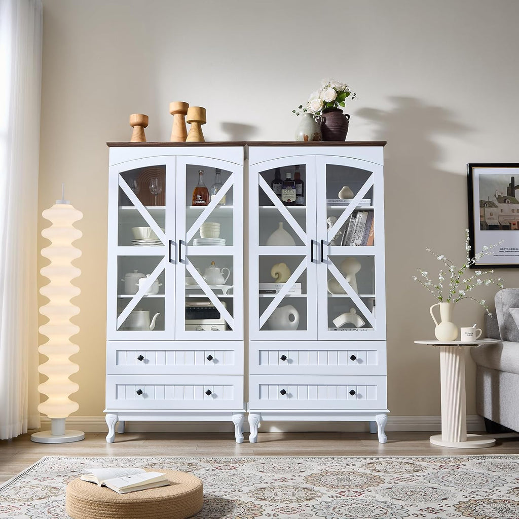 72" Tall Pantry Cabinet, Wood Arched Kitchen Pantry Storage Cabinets with 2 Glass Door and Adjustable Shelves, White Farmhouse Buffet Cupboard for Kitchen, Dining Room, Living Room and Bathroom