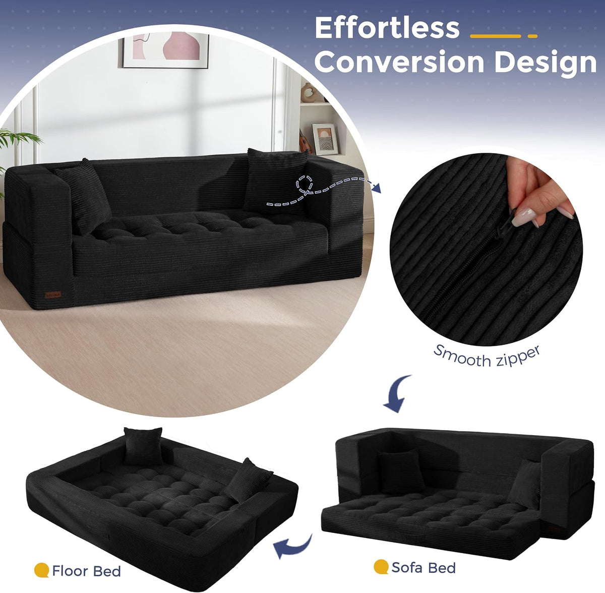 MAXYOYO Folding Sofa Bed, Convertible Loveseat Couch with Pillow | 3-Seat Foldable Floor Sofa Bed with Back Support, Tufted Floor Couch with Side Pocket & Armrests for Living Room, Apartment
