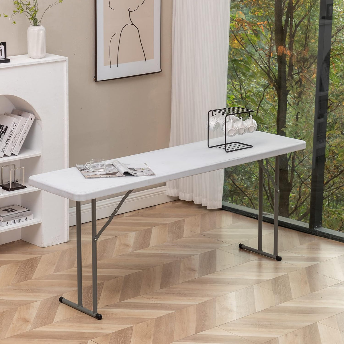 BTExpert 5-Foot Narrow Plastic Folding Training Table, 60” x 18” Portable Commercial Seminar Table, 29” Height, White, Lightweight Indoor Outdoor Event Utility Table