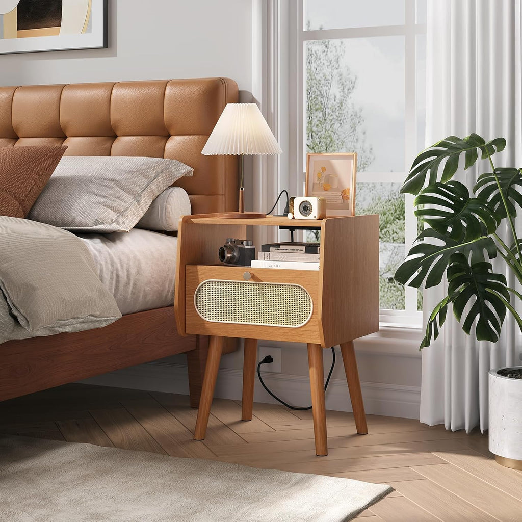 Nightstands Set of 2,Mid Century Modern Side Table with Charging Station & Rattan Drawer,Bedroom End Tables with Solid Wood Legs,Cherry