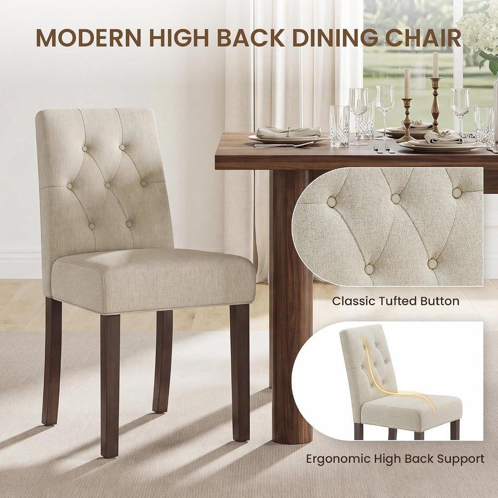 Dining Chairs Set of 2, Parsons Chairs for Small Spaces, Light Beige | Modern Dining Room Chairs with Solid Wooden Legs, Fabric Upholstered Kitchen Chairs for Restaurant & Cafe