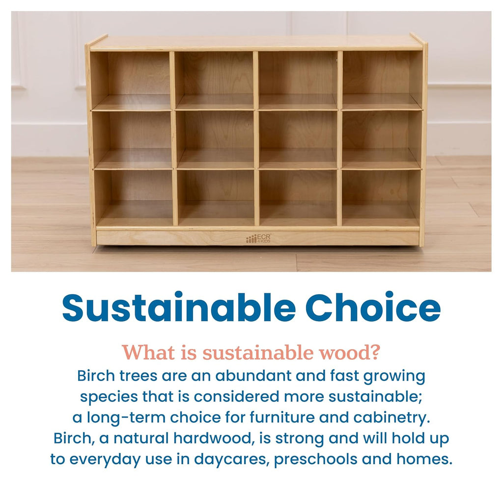 ECR4Kids 12 Cubby Mobile Tray Storage Cabinet, 3x4, Classroom Furniture, Natural | Durable birch, GREENGUARD Gold Certified, 12 cubbies with 4 casters for mobility, organize supplies in a classroom or home