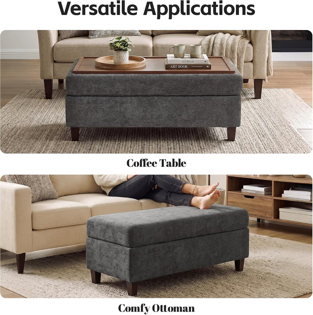 GENTEACO 45" Storage Ottoman Bench with Reversible Wooden Tray Top, Large Chenille Upholstered Ottoman Coffee Table with Hidden Storage, Foot Rest Bench for Living Room, Bedroom, Entryway,Dark Gray