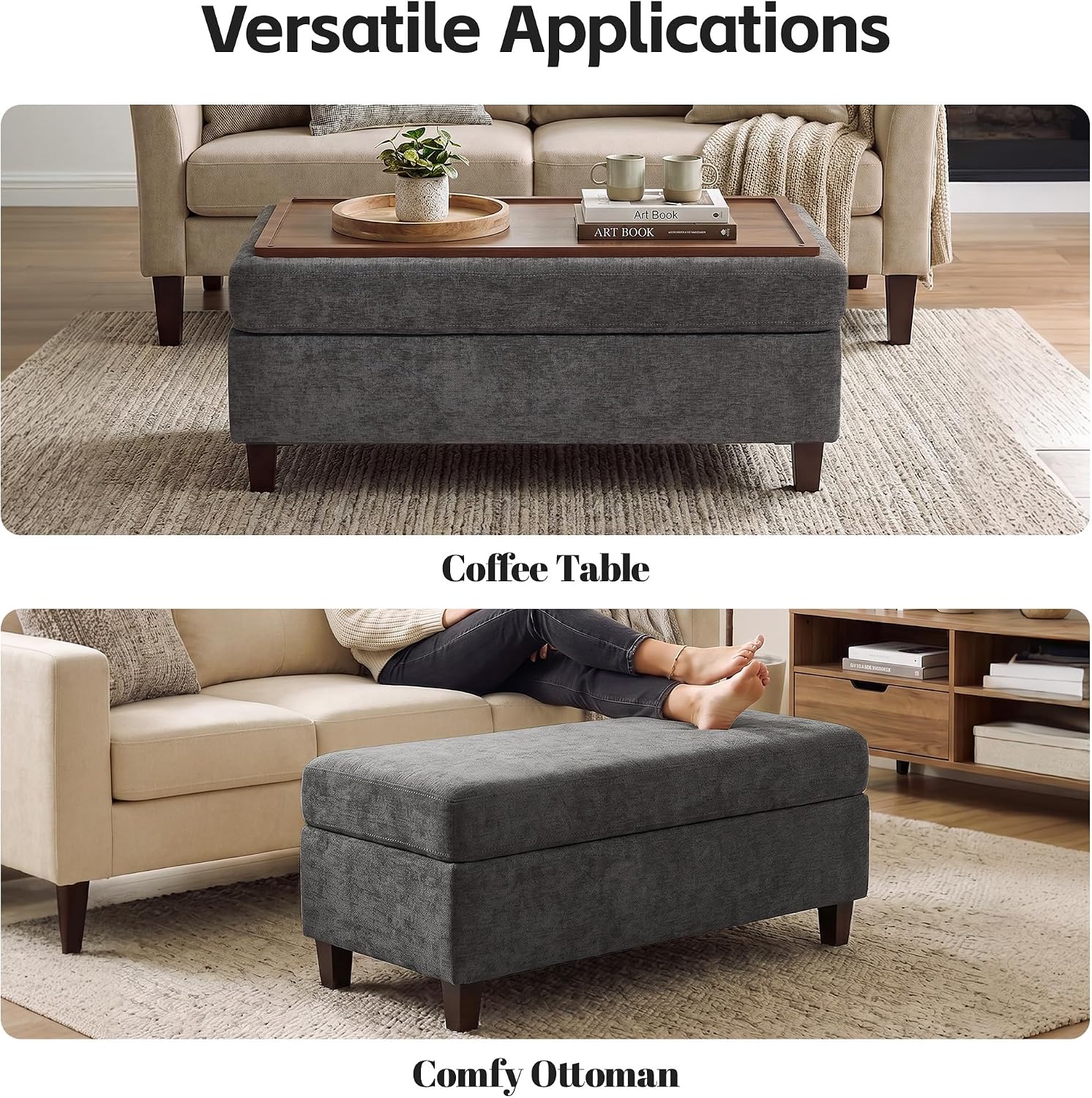 GENTEACO 45" Storage Ottoman Bench with Reversible Wooden Tray Top, Large Chenille Upholstered Ottoman Coffee Table with Hidden Storage, Foot Rest Bench for Living Room, Bedroom, Entryway,Dark Gray