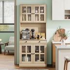 IDEAHOUSE 72 Inch Kitchen Pantry Cabinet with Glass Doors, Drawer and Adjustable Shelves, Farmhouse Tall Storage Cabinet with Open Countertop, Wood