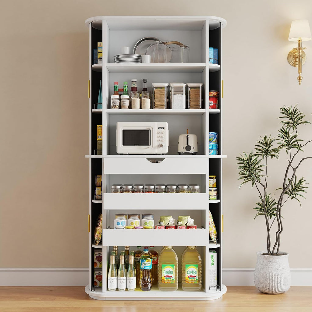 iPormis Kitchen Pantry with Sliding Doors, Tall Modern Curved Pantry Storage Cabinets with Drawer & Pull Out Shelves, 64-Inch Freestanding Wood Cupboard for Kitchen Dining Room Living Room, White