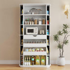 iPormis Kitchen Pantry with Sliding Doors, Tall Modern Curved Pantry Storage Cabinets with Drawer & Pull Out Shelves, 64-Inch Freestanding Wood Cupboard for Kitchen Dining Room Living Room, White