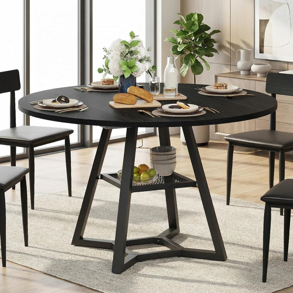 knoworld Round Dining Table for 4-6 with Storage Shelf, Kitchen & Dining Room Circle Pedestal Table, Heavy Duty Metal Frame & Wood Top