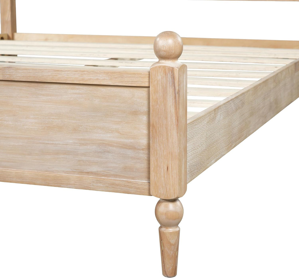 Merax Queen Size Solid Wood Platform Bed Frame, Upholstered Headboard & Classic Spindle & with Fabric Panel, No Box Spring Needed, 500 lbs Capacity Timeless Traditional for Bedroom, Natural