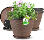 4 Pack 10 inch Plant Pot for Outdoor Indoor, Plastic Flower Pots with Drainage Holes & Saucers, Lightweight Large Outdoor Planter Pot, Imitation Knit Pots for Garden House Planters (Black Copper)