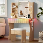 Vanity Desk with LED Lights Mirror & Power Outlet, Small Makeup Vanity Table Set with Storage Drawers & Chair, 3 Lighting Modes & Adjustable Brightness, Dressing Table for Women Girls Bedroom, Oak