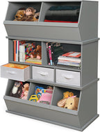 Badger Basket Two Bin Stackable Toy Storage Cubby Organizer – Modular Storage for Toys, Books, and Crafts – Solid Wood Panel – Gray