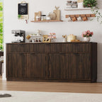 70” Rounded Edge Large Sideboard Buffet Cabinet with 3 Storage Drawers,Farmhouse Kitchen Fluted Sideboard Cabinet w 4 Door Shelves,Wood Coffee Bar Cabinets,Kitchen Pantry (Rustic Brown)