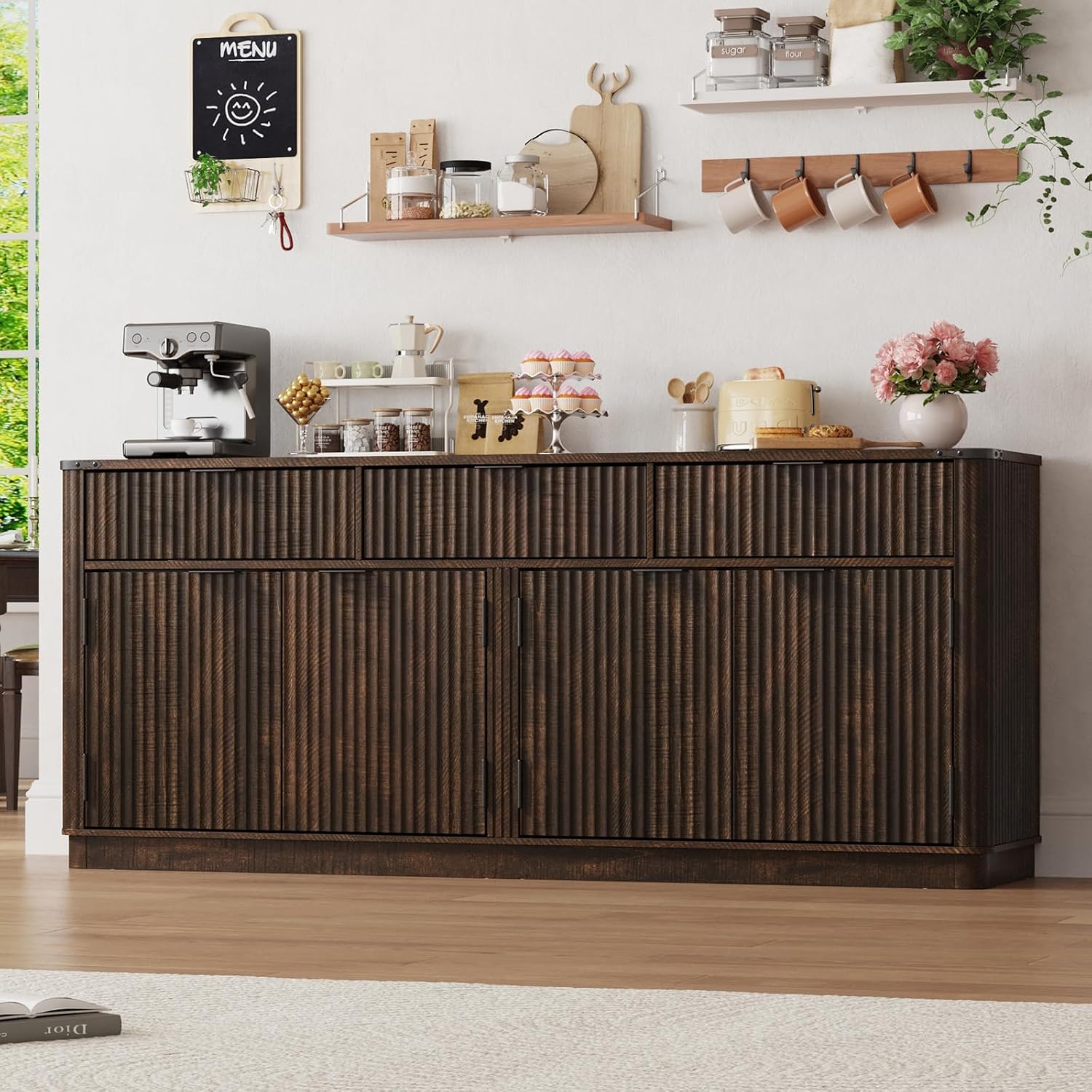 70” Rounded Edge Large Sideboard Buffet Cabinet with 3 Storage Drawers,Farmhouse Kitchen Fluted Sideboard Cabinet w 4 Door Shelves,Wood Coffee Bar Cabinets,Kitchen Pantry (Rustic Brown)