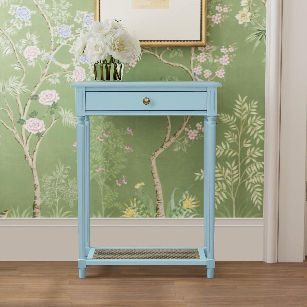 East at Main Lenora Console Table – 23.75” Narrow Entryway Table with Storage & Cane Shelf – Solid Wood Accent for Hallways, Foyers, and Small Spaces – French Country & Traditional Style (Powder Blue)