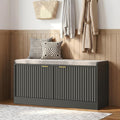 Fluted Shoe Storage Bench with Cushion, 2-Tier Entryway Shoe Bench with Adjustable Shelves, Hidden Shoe Cabinet Bench with 2 Doors for Hallway, Living Room, Bedroom End of Bed,Black
