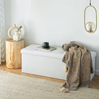 Camabel 43 Inch Folding Storage Ottoman Bench 120L Hold up 700lbs Ottoman with Storage Chest Foam Seat Padded Foot Rest Stool Faux Leather Bedroom Bench Coffee Table White