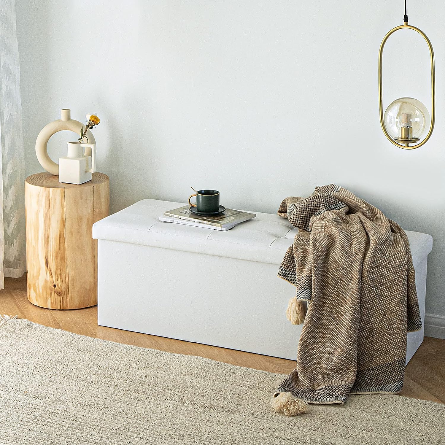 Camabel 43 Inch Folding Storage Ottoman Bench 120L Hold up 700lbs Ottoman with Storage Chest Foam Seat Padded Foot Rest Stool Faux Leather Bedroom Bench Coffee Table White