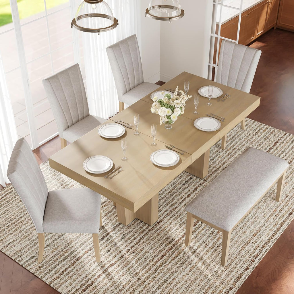 Quarte Farmhouse 78.1inch Extendable Wood Dining Table Set, 6-Piece Kitchen Table Set with Bench and 4 Upholstered Chairs,3.8inch Thick Tabletop and Trestle Legs (01-Natural)