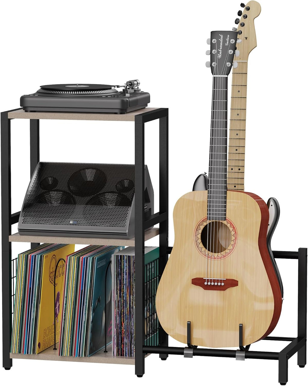 YAKANJ End Table with Guitar Stand,Record Player Stand,Vinyl Records Storage,2-Tier Guitar Stand for Acoustic,Turntable Stand for Music Studio,Grey
