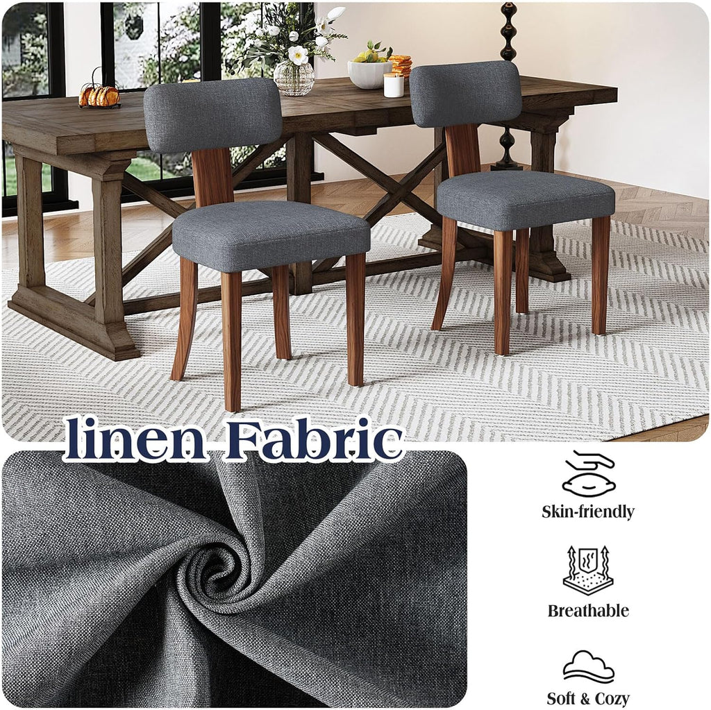 LUXOAK Mid Century Modern Dining Chairs Set of 2, Linen Upholstered Kitchen Chairs with Curved Backrest & Adjustable Legs for Living Room/Bedroom/Lounge, Easy to Install, Grey Linen