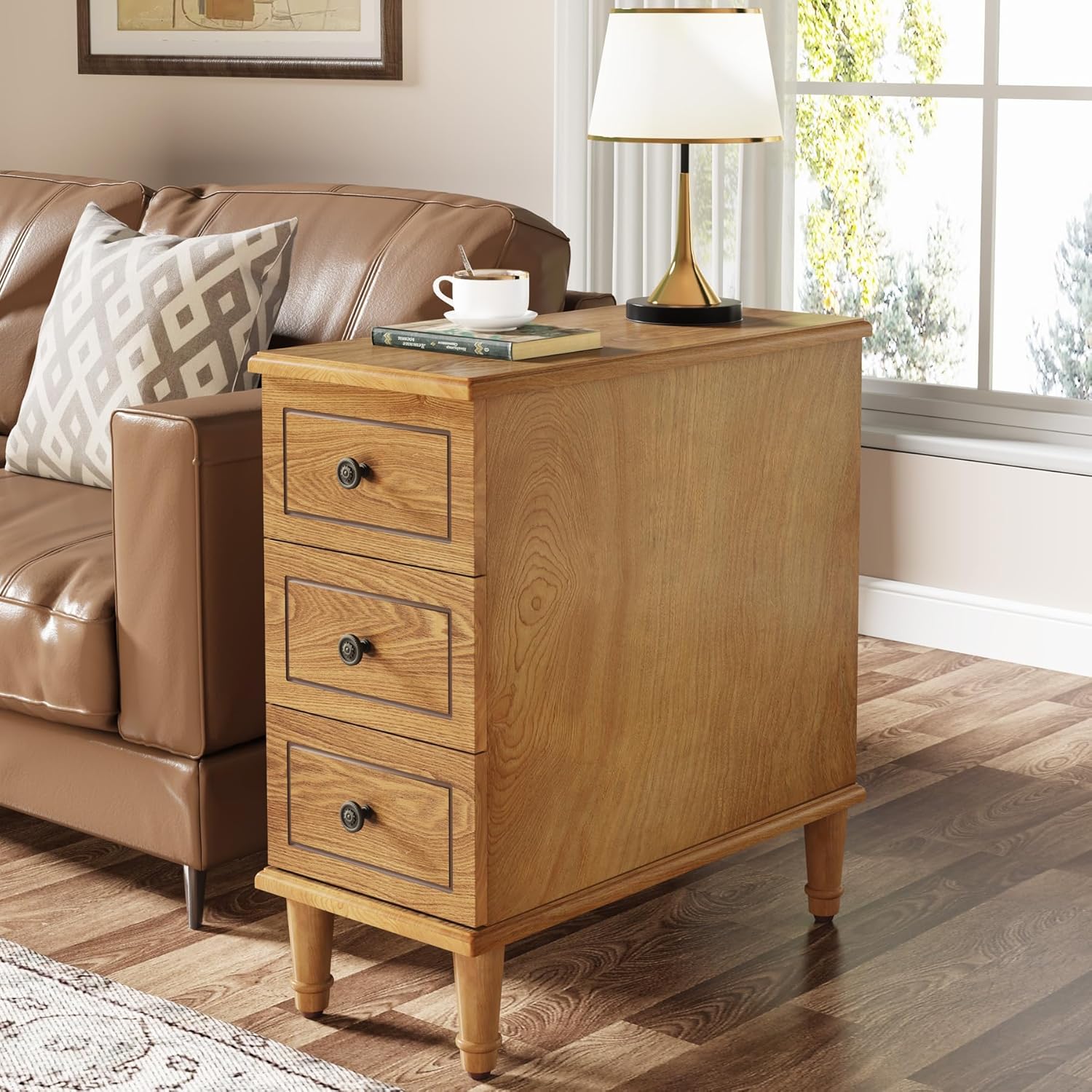 Tribesigns Solid Wood End Table, Fully Assembled Narrow Side Table with Drawers, Pre-Assembled Nightstand Slim Bedside Table for Small Spaces, Living Room, Bedroom, Wood