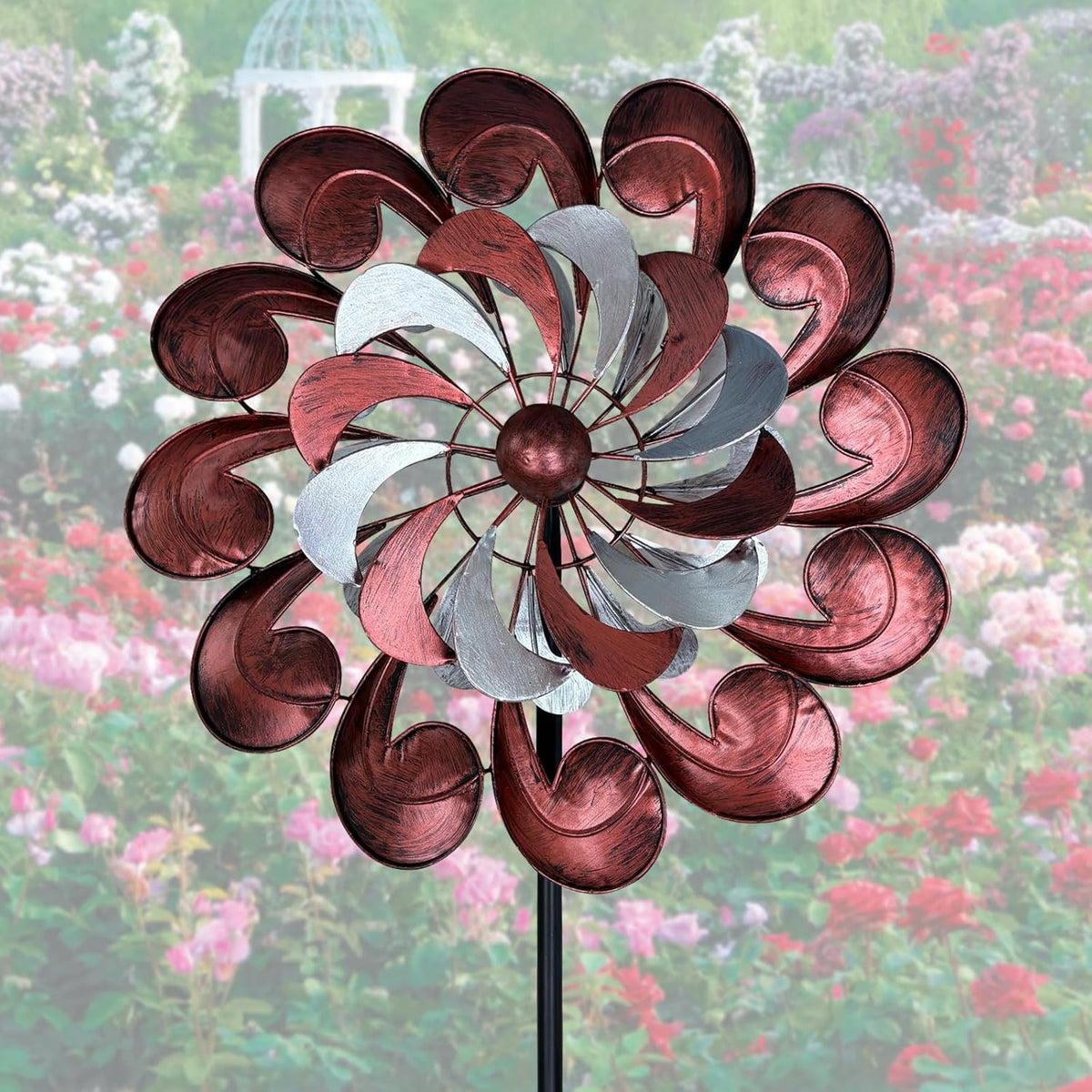 GUAGUA Classical Metal Wind Spinner Outdoor, 360 Degrees Swivel Wind Spinners for Yard and Garden, 74 Inch Kinetic Wind Sculptures Willow Leaves Patio Decor (Bronze & Red)