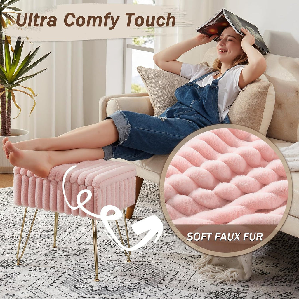 EBENCHICO Vanity Stool Chair with Storage, Faux Fur Stools for Vanity | Makeup Ottoman, Foot Stool, with 4 Metal Legs, Adjustable Feet, Small Vanity Bench, for Living Room Bedroom, Pink