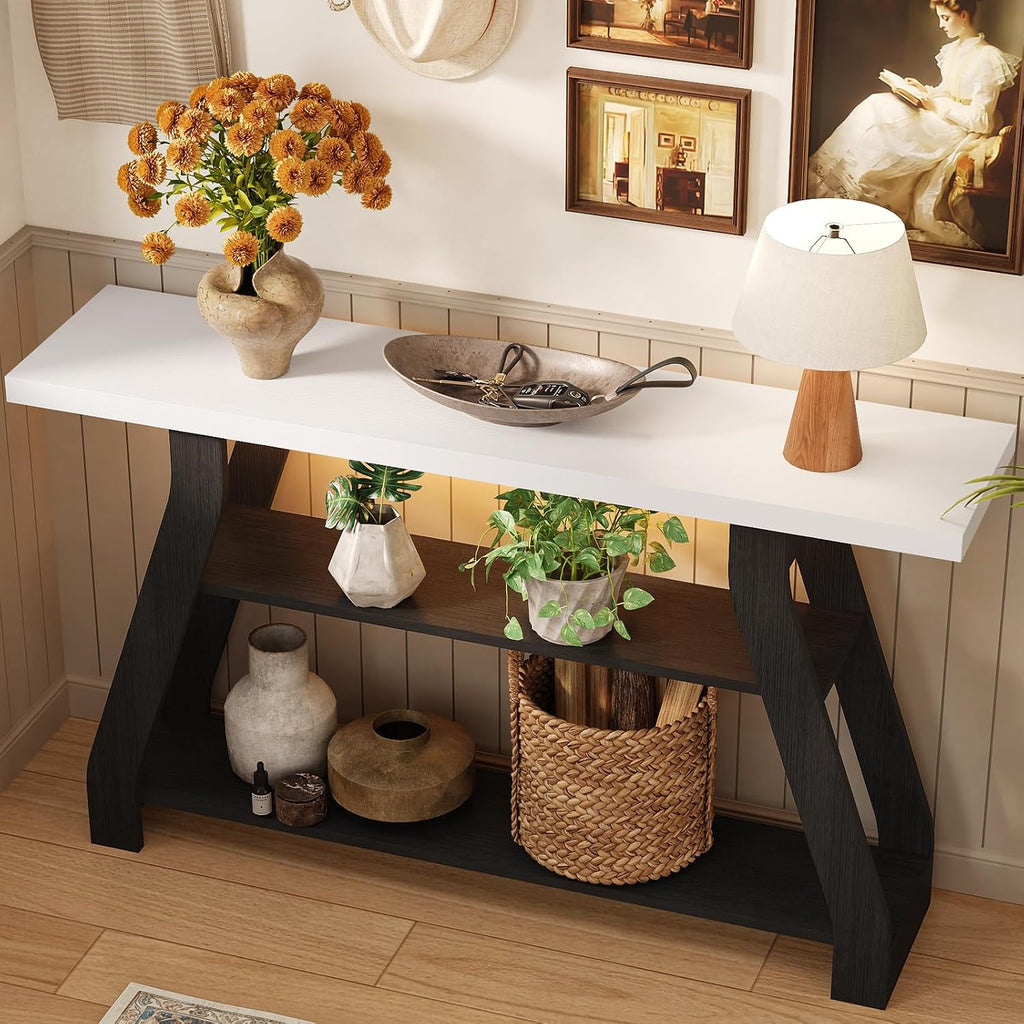 Console Table, 55-Inch Entryway Table with LED Light 3-Tier Narrow Wood Console Tables Behind Couch Sofa Tables for Living Room, Entryway, Hallway (Black+White)
