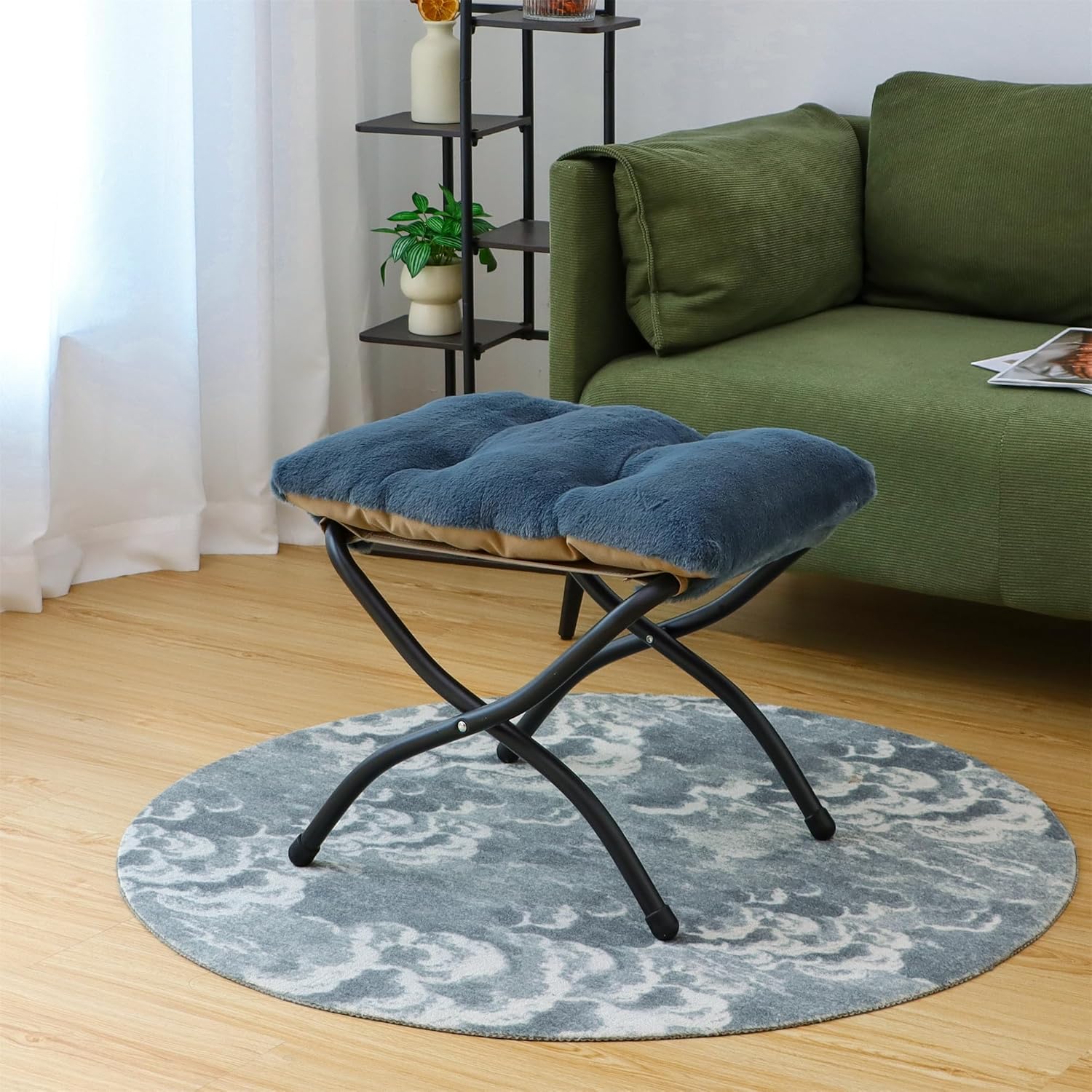 15"(H) Folding Ottoman, Foldable Footrest Stool, Portable Small Foot Stool for Couch, Collapsible Foot Rest Ottoman for Sofa, Accent Padded Ottomans for Living Room, Bedroom, Navy Blue