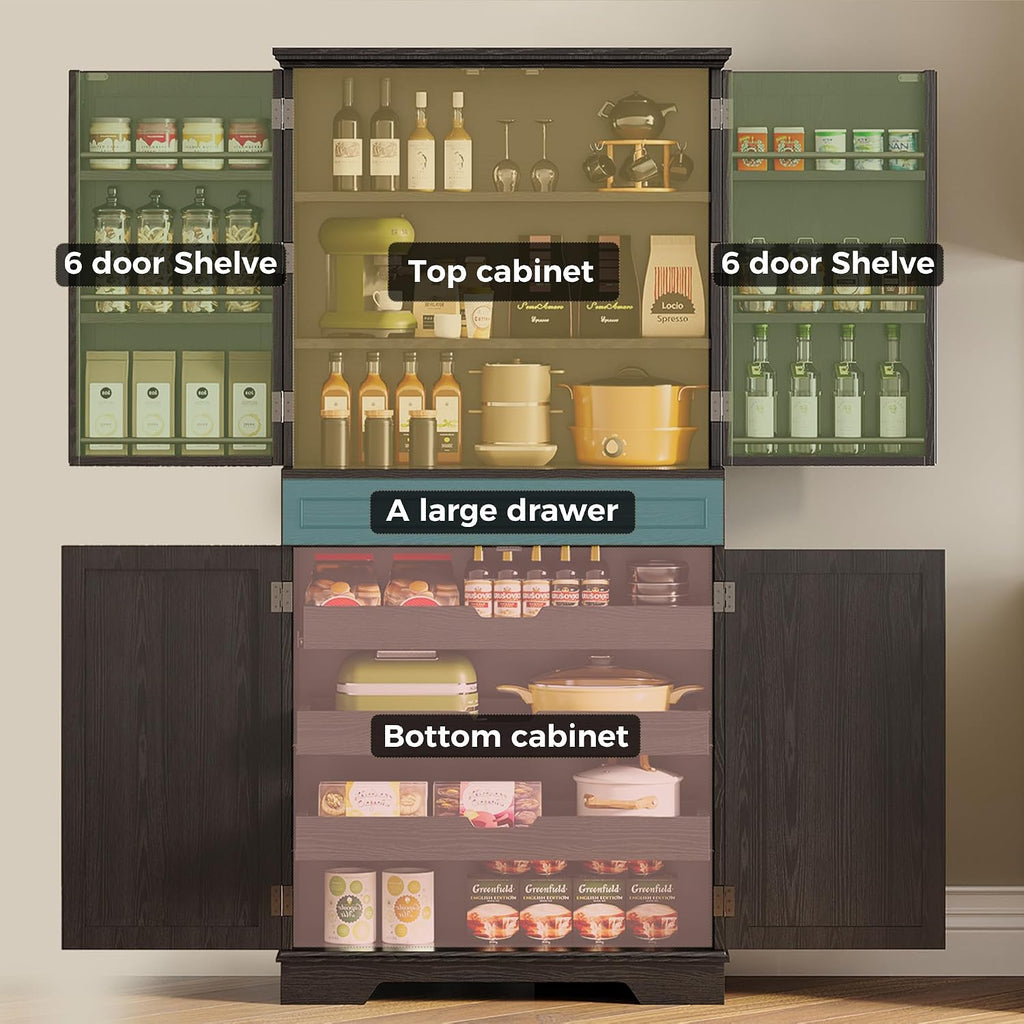 IRONCK 72" Farmhouse Kitchen Pantry Cabinet with Sliding Storage Rack,Black | Tall Freestanding Cupboard with 6 Hanging Shelves for Kitchen, Dining Room