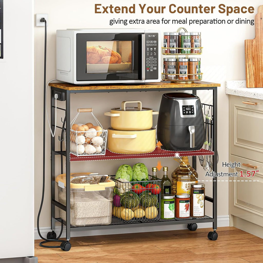 3 Tier Rolling Kitchen Microwave Cart with Power Outlet, 33 Inch Microwave Table Stand with Adjustable Shelf, Kitchen Storage Island Utility Cart Bakers Rack Coffee Bar for Living Room, Office